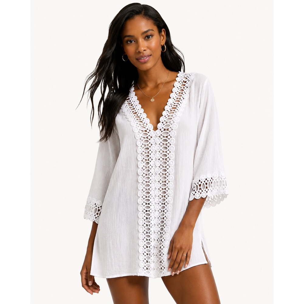 La Blanca White Cotton Crochet Lace Tunic Beach Cover Up Boho Resort M Y2K Beach